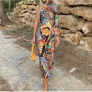 Zara NWT medium one shoulder neck paisley floral pattern long float dress